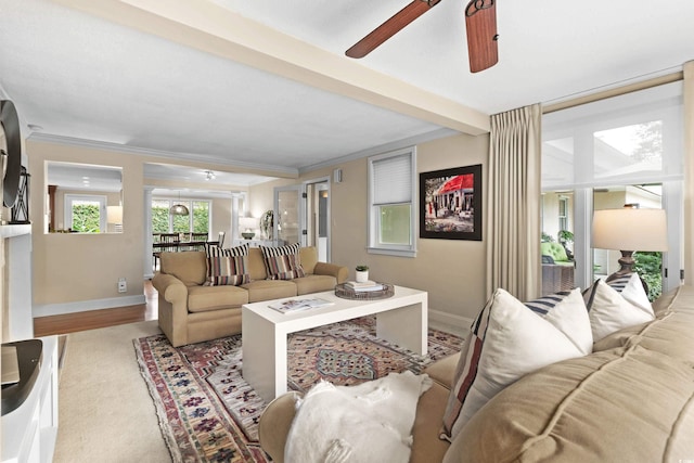 living room with light hardwood / wood-style flooring, ceiling fan, and ornamental molding