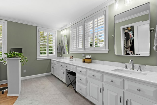 bathroom with crown molding and vanity