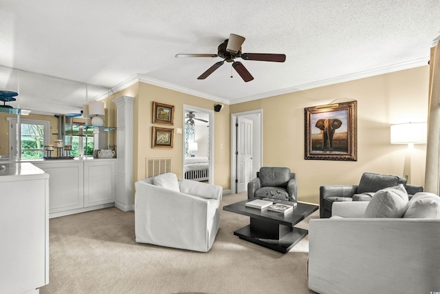 carpeted living room featuring ceiling fan, ornamental molding, and a textured ceiling