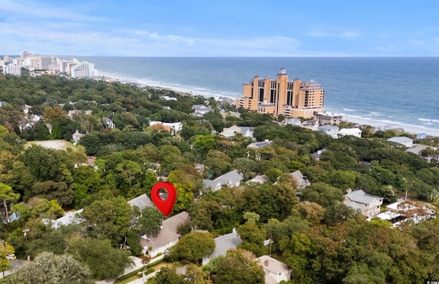 aerial view featuring a view of the beach and a water view