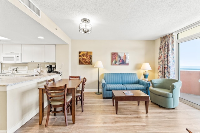 living room with light hardwood / wood-style floors, sink, and a textured ceiling