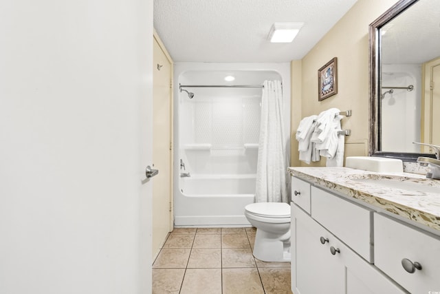 full bathroom with shower / bath combo, a textured ceiling, vanity, and toilet