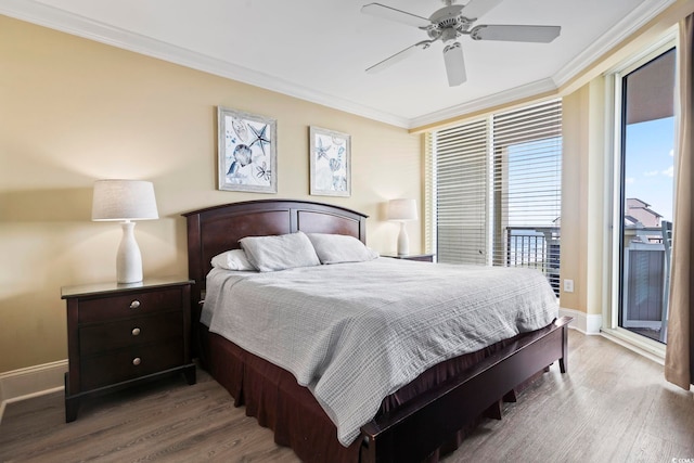 bedroom featuring access to exterior, crown molding, ceiling fan, and hardwood / wood-style floors