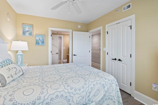 bedroom with wood-type flooring, a closet, and ceiling fan