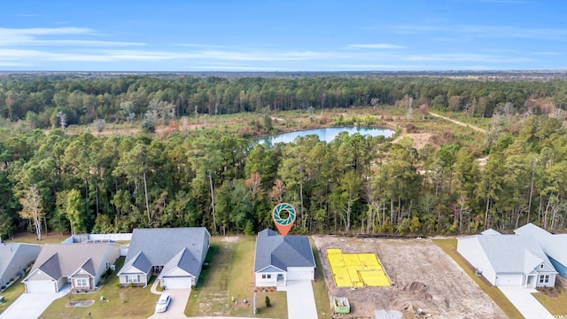 bird's eye view with a water view and a view of trees