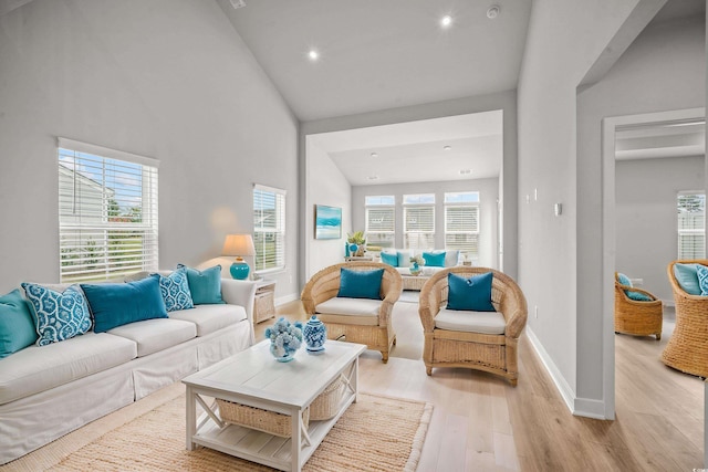 living room with high vaulted ceiling and light hardwood / wood-style floors