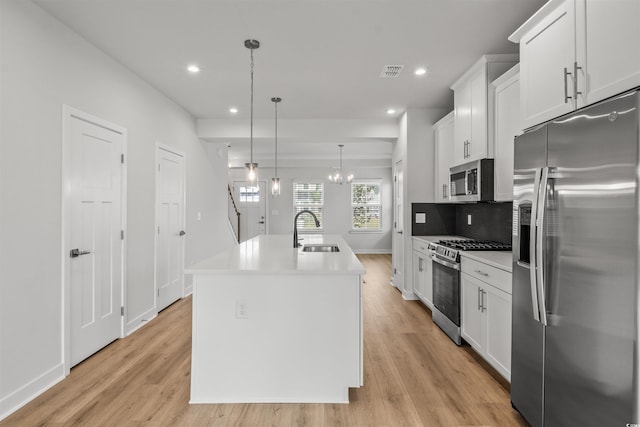 kitchen featuring pendant lighting, stainless steel appliances, light wood-type flooring, a center island with sink, and sink