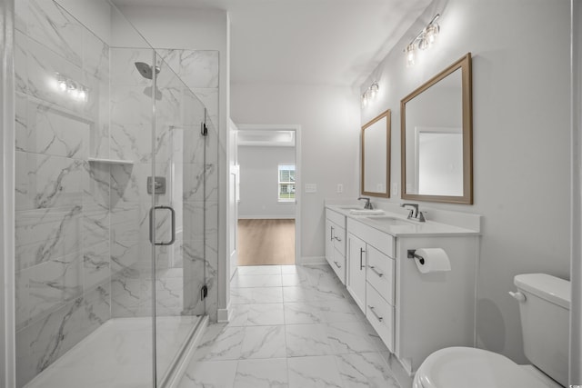 bathroom with walk in shower, hardwood / wood-style floors, vanity, and toilet