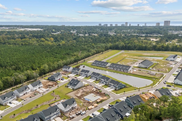 drone / aerial view featuring a water view