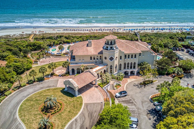 bird's eye view featuring a beach view and a water view