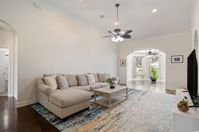 living room featuring ceiling fan, crown molding, and dark wood-type flooring