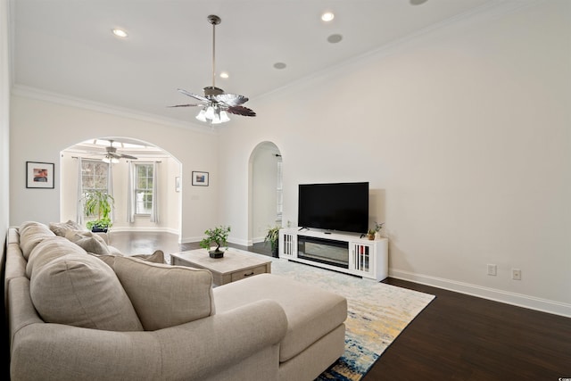 living room featuring ceiling fan, crown molding, and dark hardwood / wood-style floors