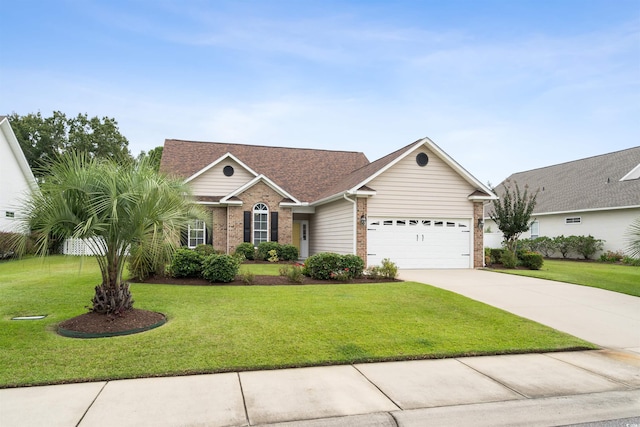 ranch-style house featuring a front lawn and a garage