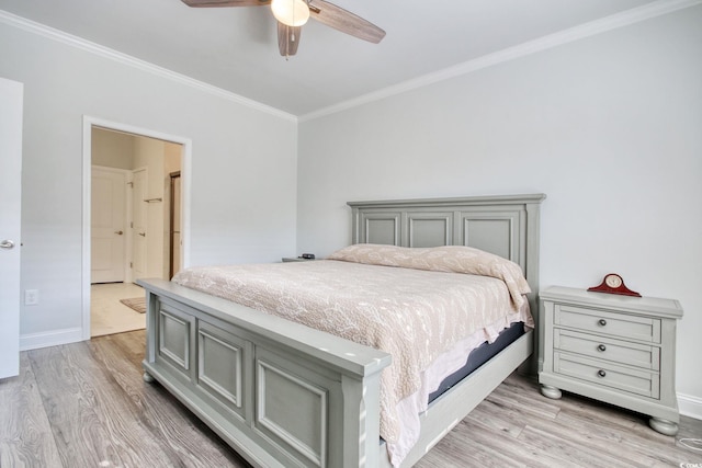 bedroom with crown molding, light hardwood / wood-style flooring, and ceiling fan