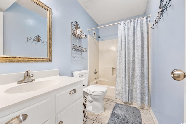 full bathroom with vanity, tile patterned flooring, a textured ceiling, shower / tub combo, and toilet