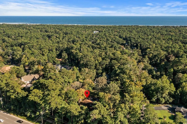 birds eye view of property with a water view and a view of trees