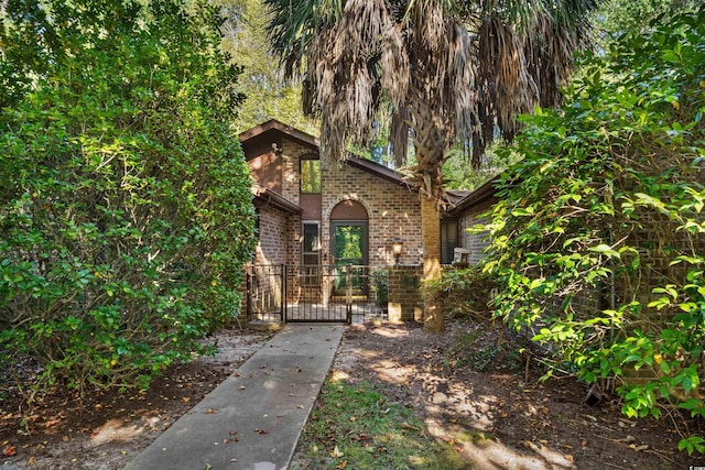 obstructed view of property featuring brick siding and a gate