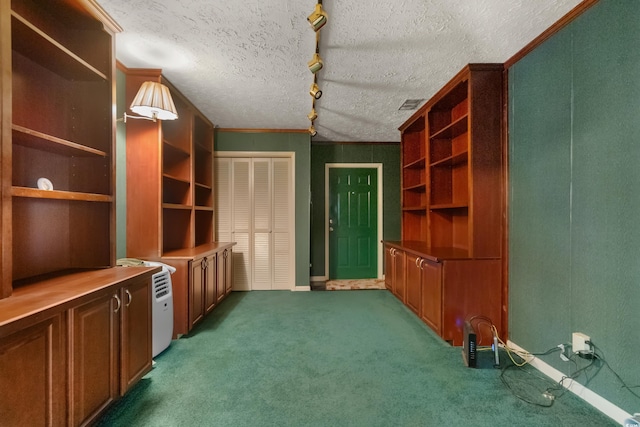 interior space with track lighting, a textured ceiling, carpet, baseboards, and visible vents