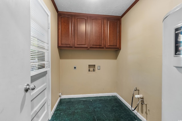 clothes washing area featuring a textured ceiling, washer hookup, baseboards, and dark floors