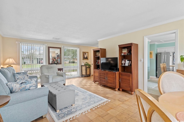 living room featuring crown molding and a textured ceiling