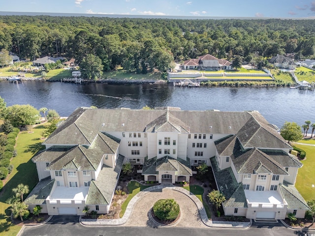 drone / aerial view featuring a water view