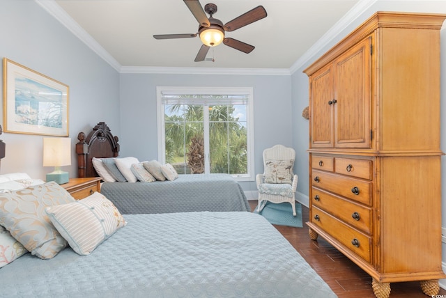 bedroom with ceiling fan, crown molding, and dark hardwood / wood-style flooring