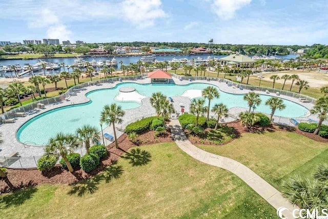 drone / aerial view featuring a water view