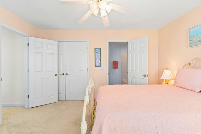 carpeted bedroom featuring ceiling fan