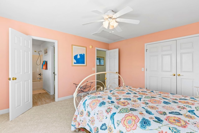 bedroom with light carpet, a closet, and ceiling fan