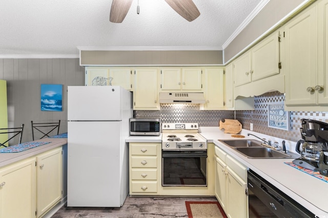 kitchen with dishwasher, sink, electric stove, white fridge, and crown molding