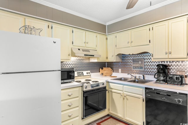 kitchen with range with electric cooktop, dishwasher, sink, white fridge, and ornamental molding