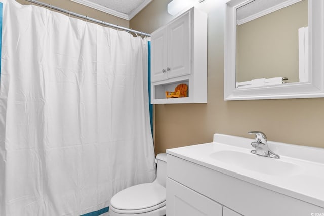 bathroom with toilet, a shower with curtain, crown molding, vanity, and a textured ceiling