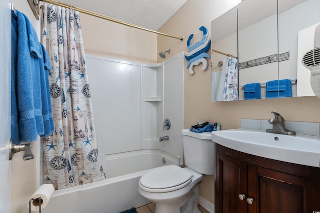 full bathroom featuring shower / bath combination with curtain, a textured ceiling, toilet, vanity, and tile patterned floors