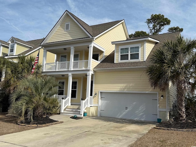 view of front facade featuring a garage, a balcony, and covered porch