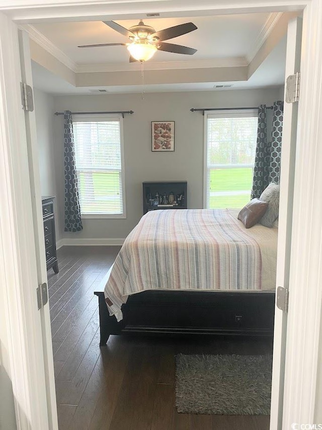 bedroom with crown molding, a raised ceiling, and multiple windows