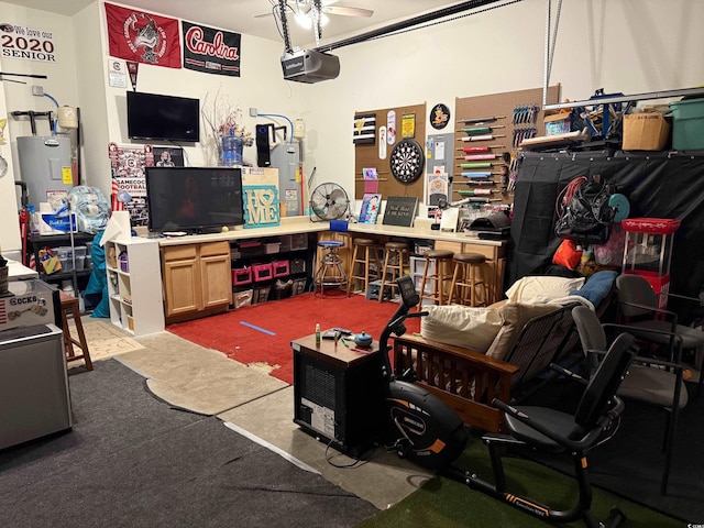 garage featuring a garage door opener and water heater