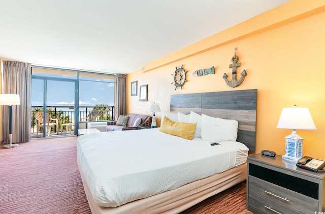 bedroom featuring floor to ceiling windows, access to exterior, and dark carpet