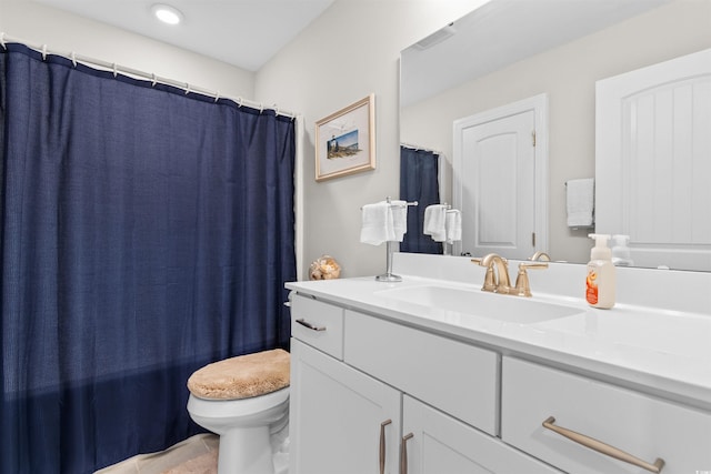 full bathroom with vanity, toilet, and shower / bathtub combination with curtain