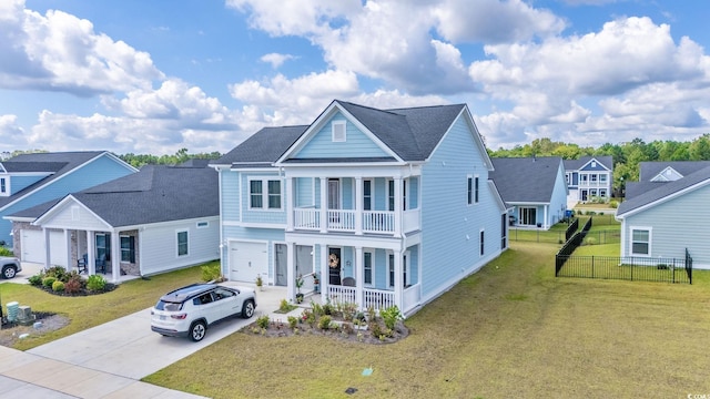 view of front of house featuring a front yard, a balcony, and a garage