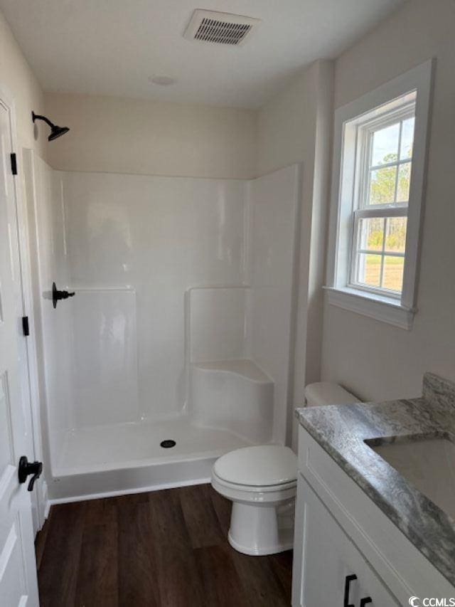 bathroom with a shower, vanity, wood-type flooring, and toilet