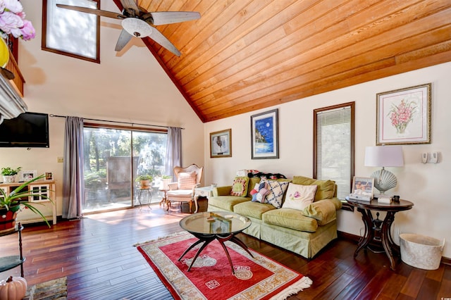 living room featuring wood ceiling, ceiling fan, high vaulted ceiling, and dark wood-type flooring