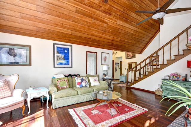 living room featuring wood ceiling, vaulted ceiling, hardwood / wood-style floors, and ceiling fan