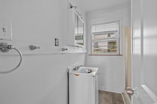 clothes washing area with ornamental molding, sink, and wood-type flooring