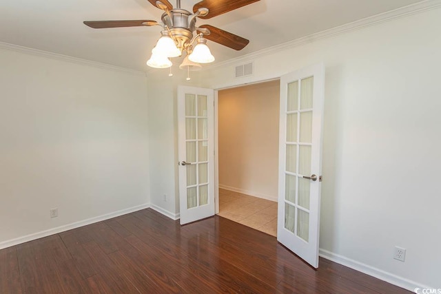 340 Walden Lake Rd, Conway, SC 29526 - empty room featuring french doors, crown molding, wood finished floors, a ceiling fan, and baseboards