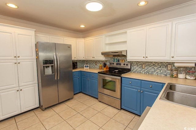 kitchen with extractor fan, blue cabinets, stainless steel appliances, ornamental molding, and white cabinetry