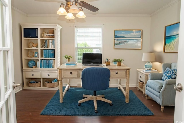 340 Walden Lake Rd, Conway, SC 29526 - office with ceiling fan, wood finished floors, ornamental molding, and baseboards