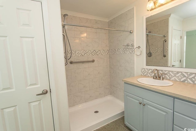 340 Walden Lake Rd, Conway, SC 29526 - bathroom featuring vanity, tiled shower, ornamental molding, and tasteful backsplash
