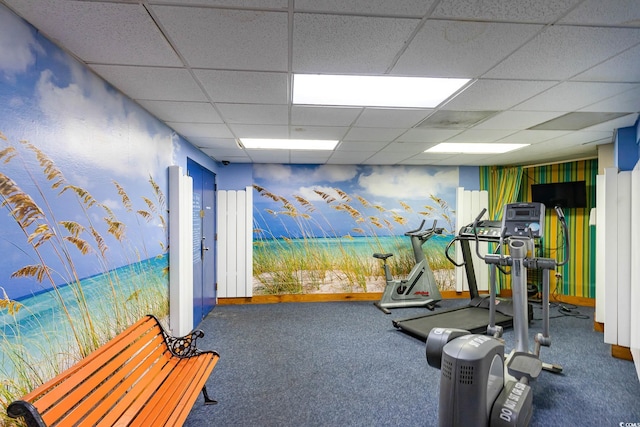 workout room featuring a drop ceiling and carpet