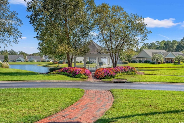 view of community featuring a water view and a lawn