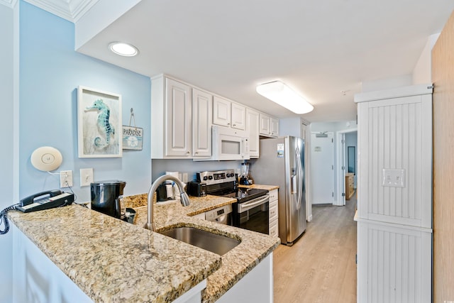 kitchen featuring kitchen peninsula, white cabinetry, stainless steel appliances, and sink